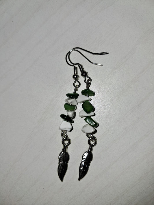Green and white feather earrings